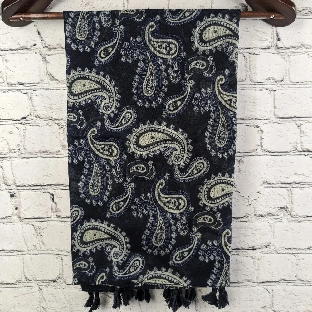 Sheer lightweight blue paisley scarf with tassels